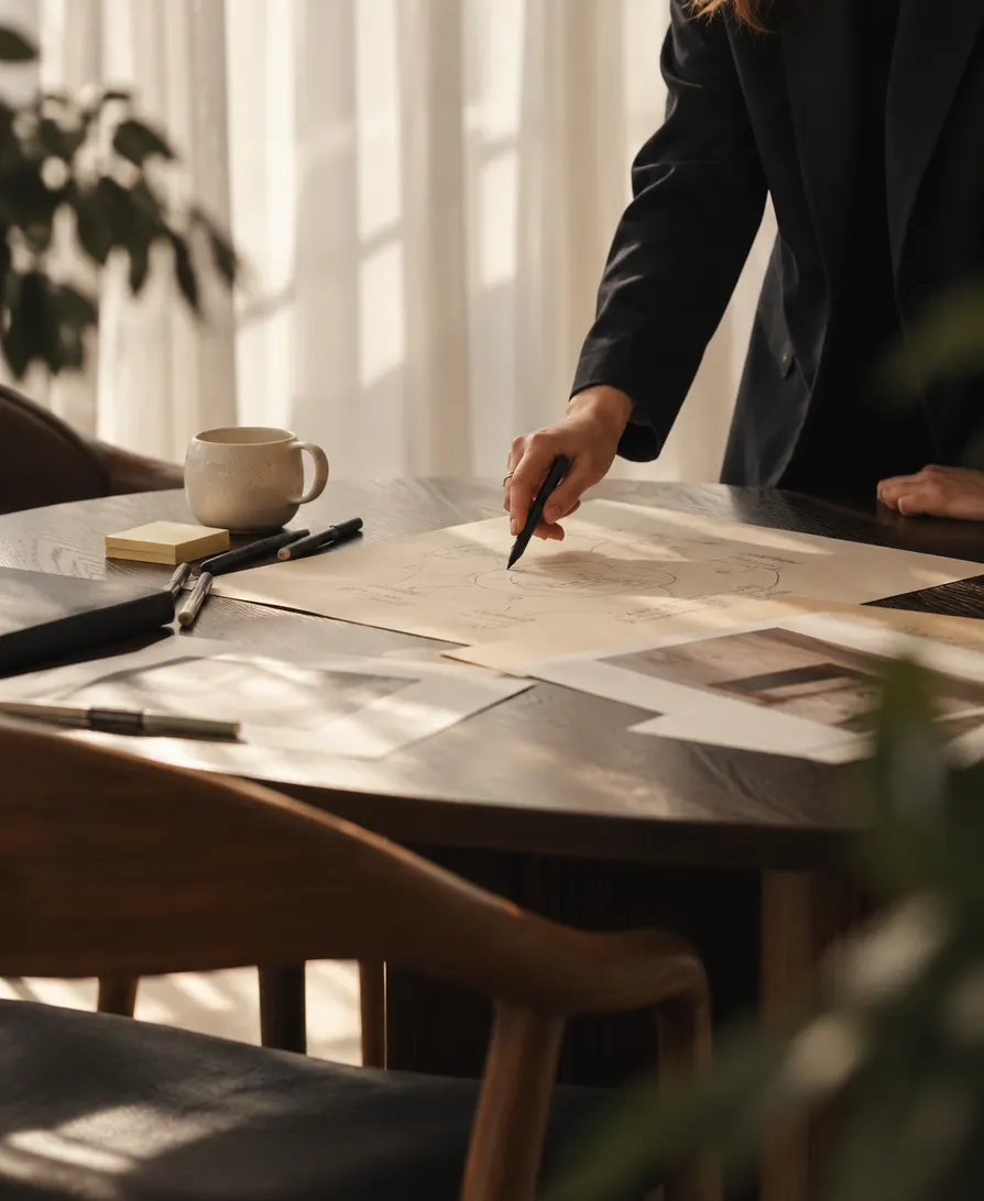 Persona revisando planos sobre una mesa.