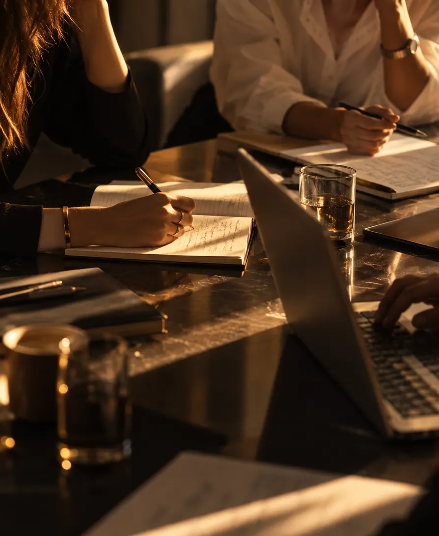Mesa de reunión con computadores y documentos.