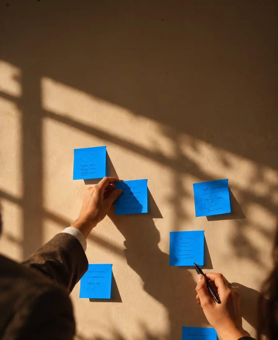 Notas azules sobre un muro durante una sesión de trabajo.
