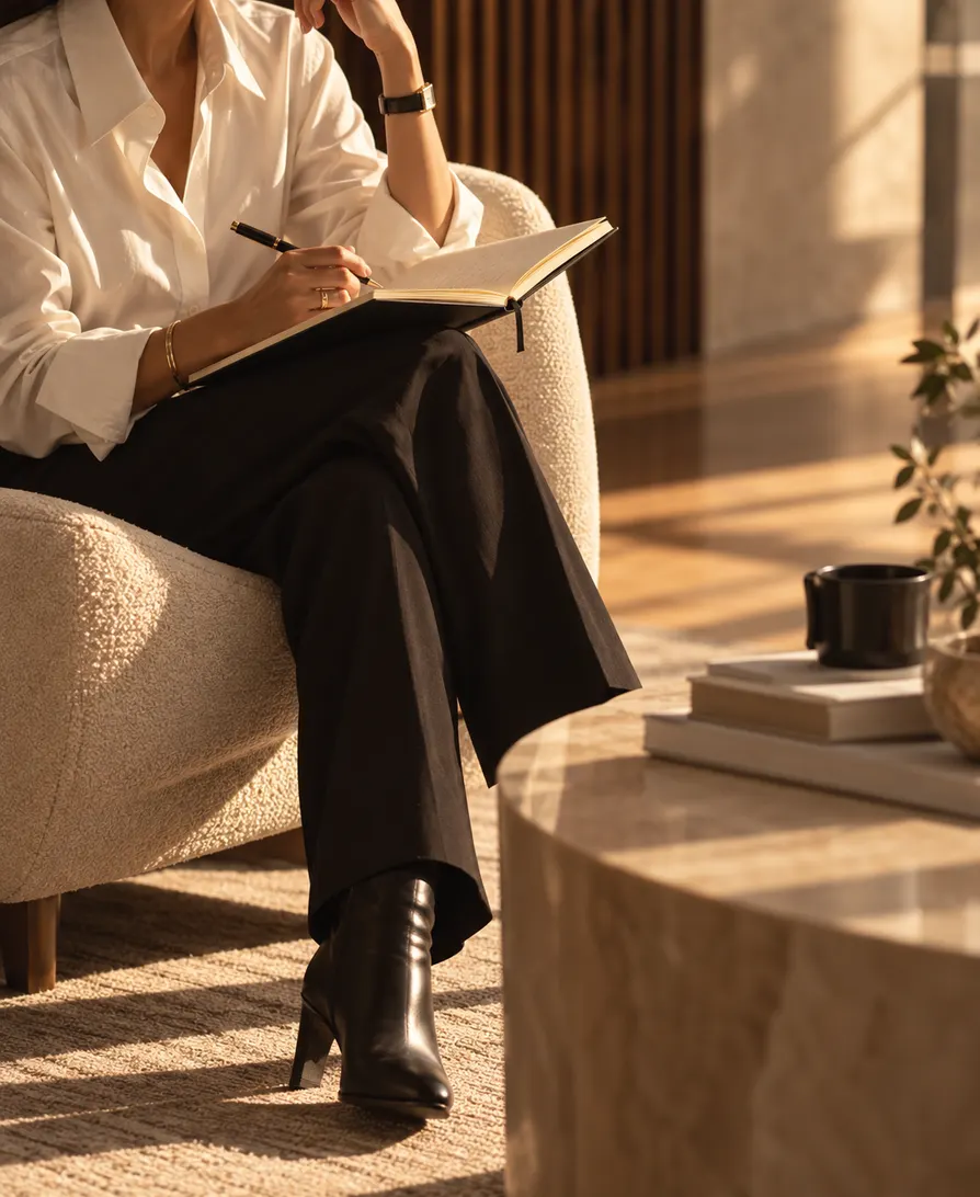 Ejecutiva tomando notas en un sillón.