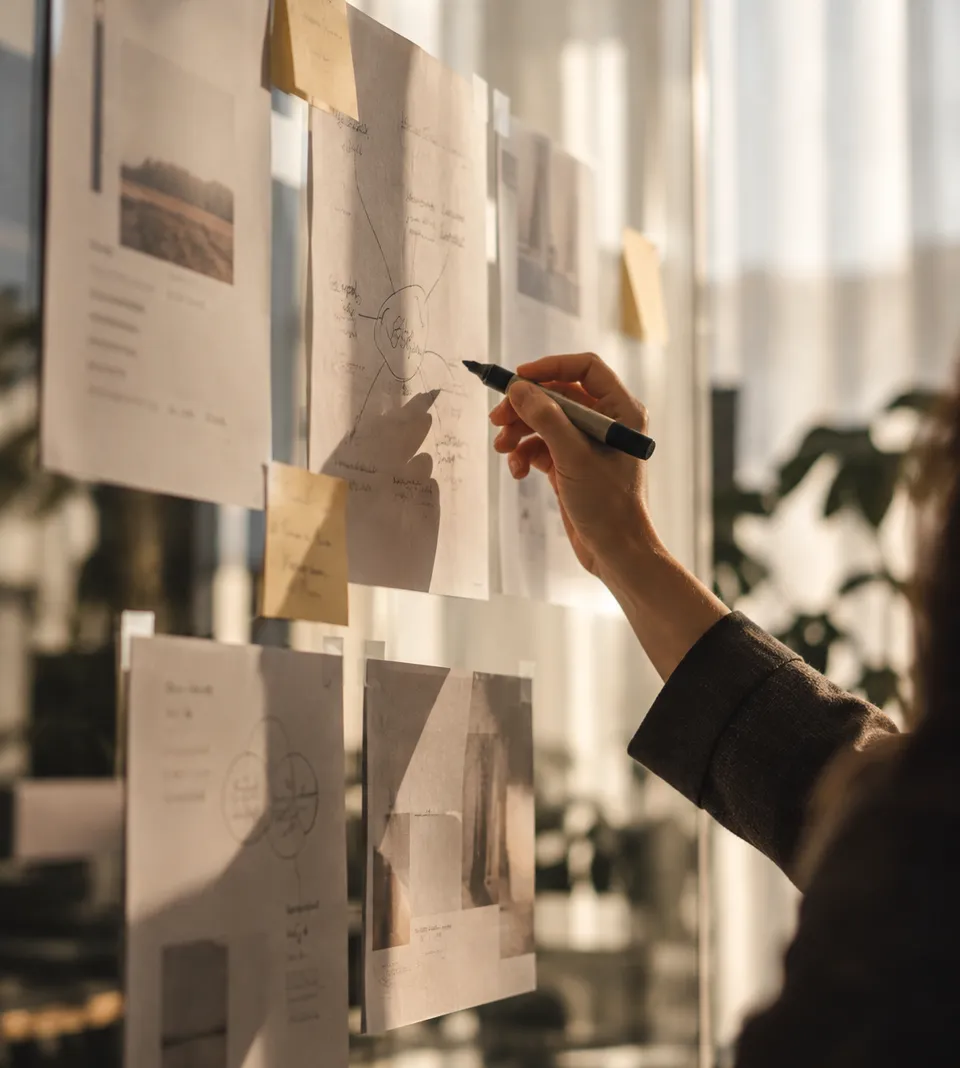 Ejecutiva trazando una estrategia sobre un muro de notas.