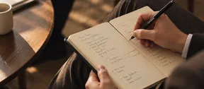 Manos tomando notas en una libreta durante una reunión.