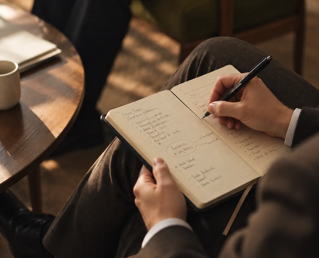 Ejecutivo tomando notas en una reunión.